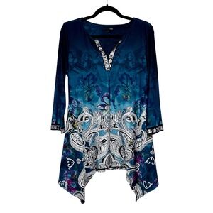 ICE Boho Baroque Paisley Handkerchief Hem Tunic Top Size M Lagenlook Artsy Fairy